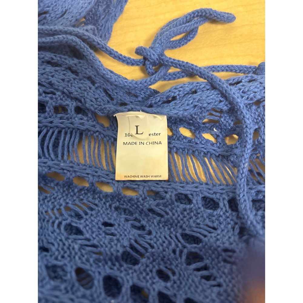 Womens Royal Blue Crochet Knit Poncho Tassel Tie Side Beach Cover Up Top Large - Picture 3 of 4